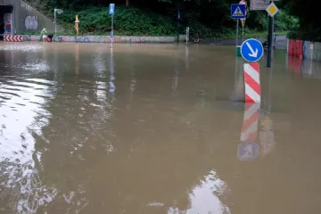 A flooded street in Düsseldorf, Germany, July 15, 2021. Credit: Lensw0rld/Shutterstock.